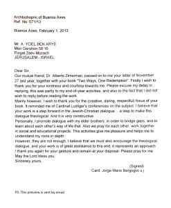 A letter from the Cardinal Jorge Mario Bergoglio with regard to the book Two Ways, One redemption
